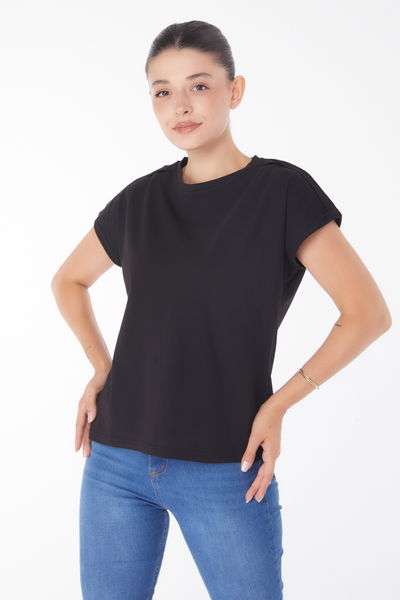 Düğme Detaylı T-Şhirt Siyah - 25950 