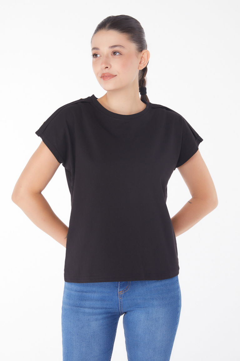 Düğme Detaylı T-Şhirt Siyah - 25950 - TOFİSA