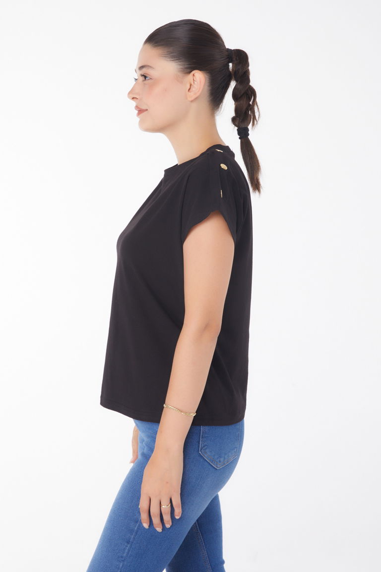 Düğme Detaylı T-Şhirt Siyah - 25950 - TOFİSA
