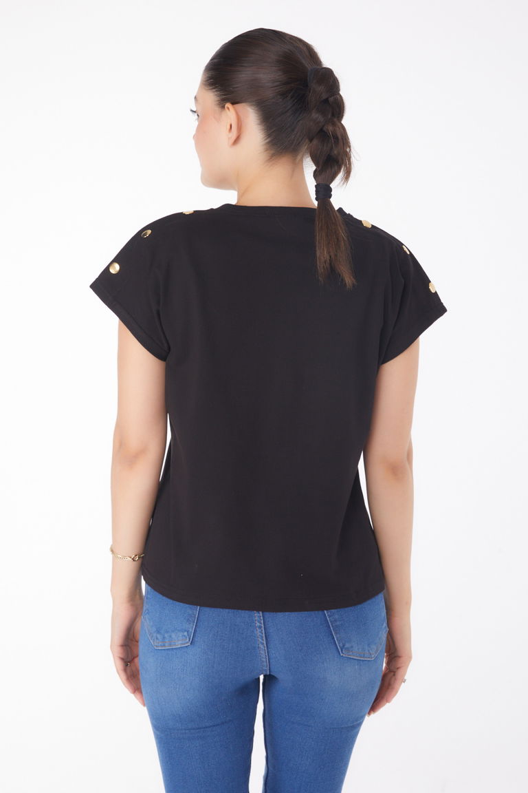 Düğme Detaylı T-Şhirt Siyah - 25950 - TOFİSA
