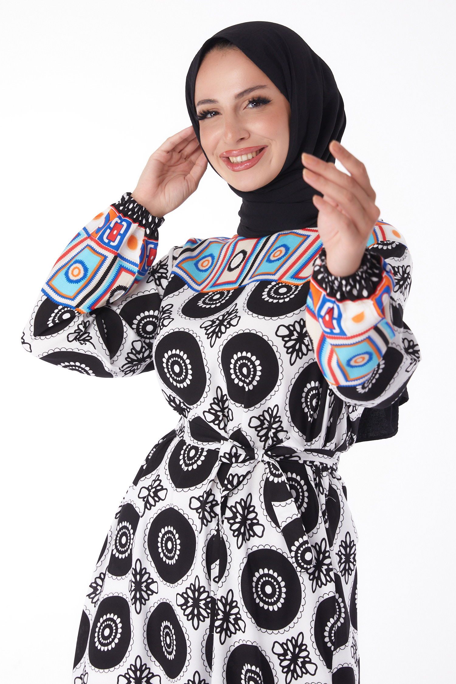 Etnik Desenli Elbise Siyah - 26228 - 1