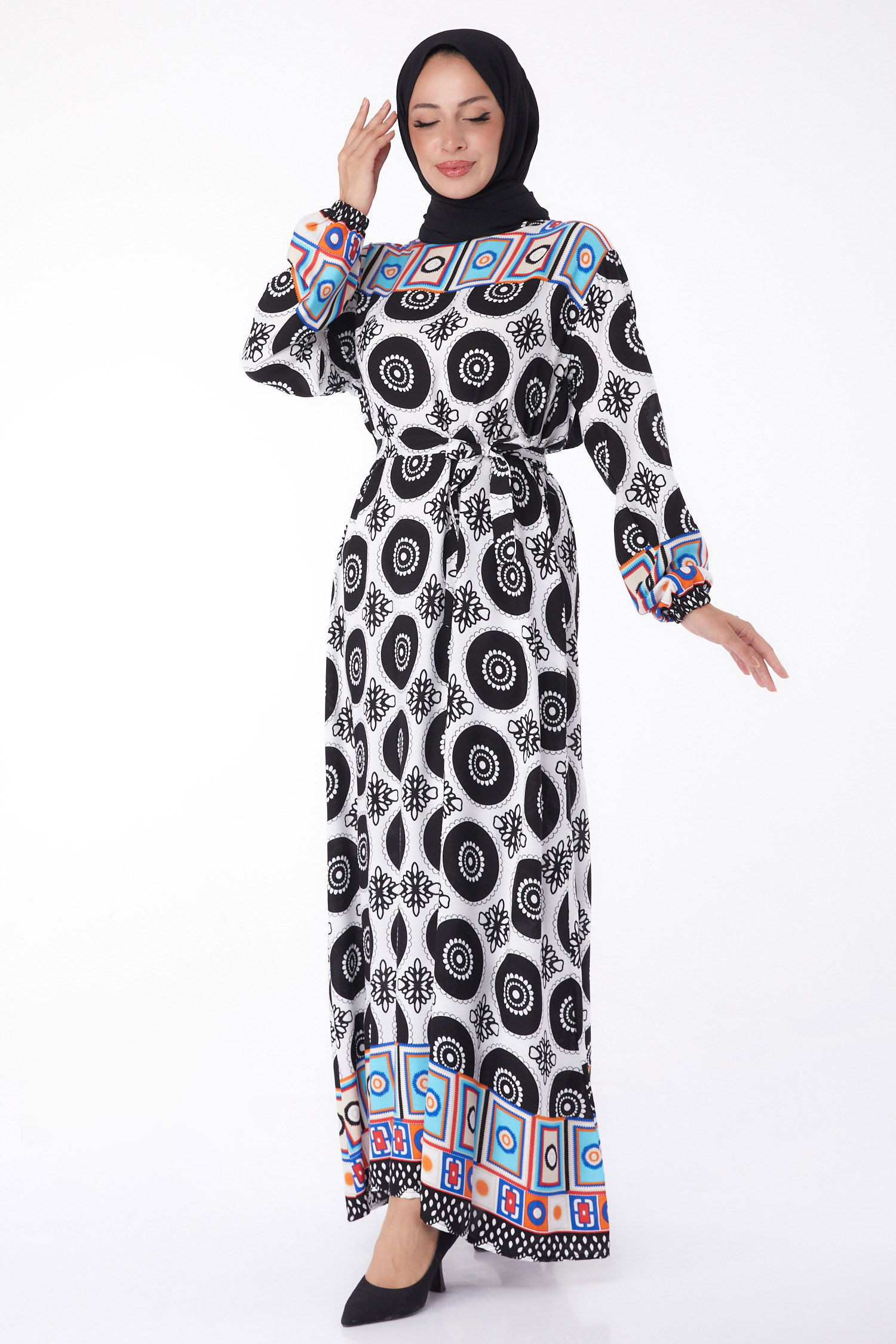 Etnik Desenli Elbise Siyah - 26228 - 2