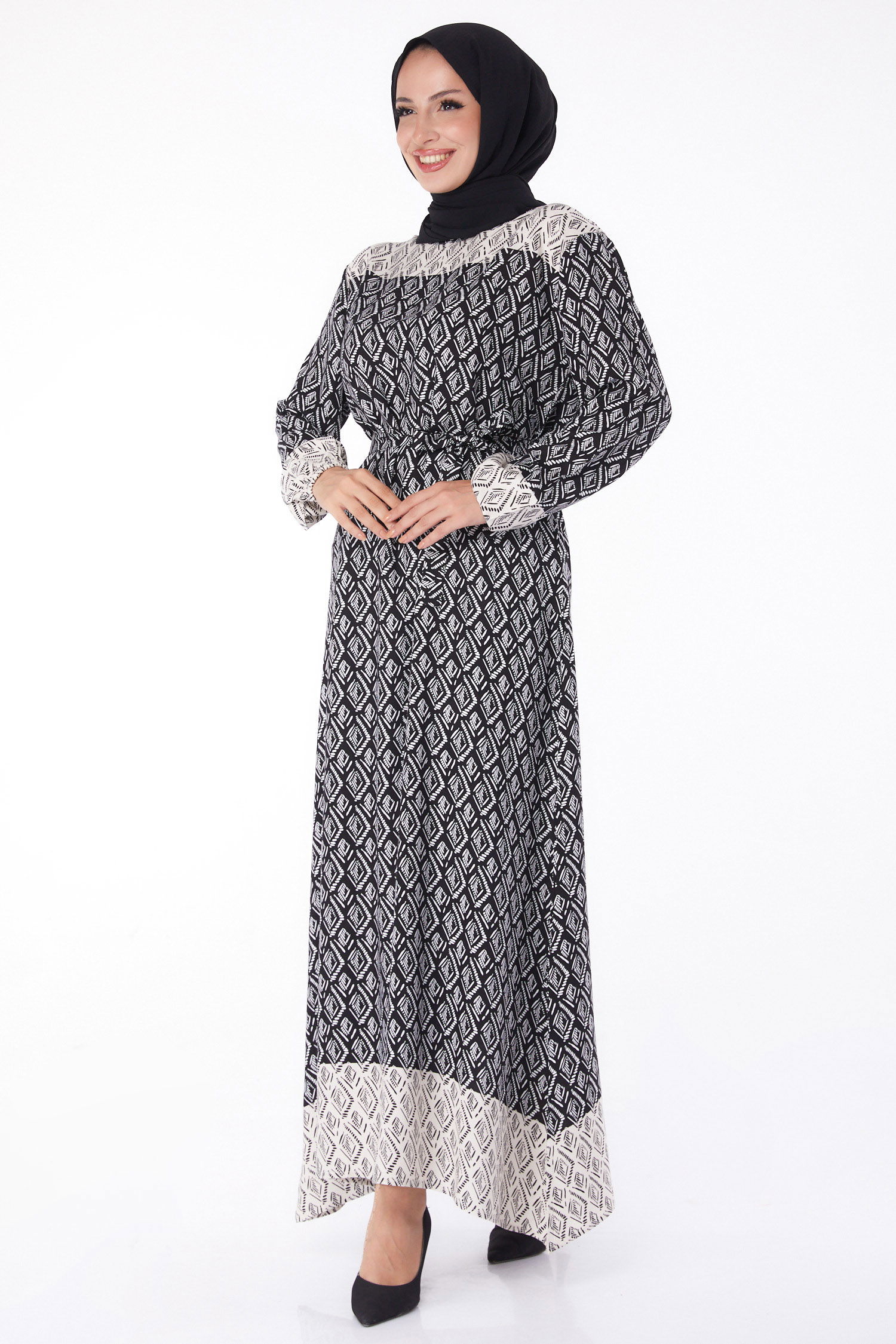Etnik Desenli Elbise Siyah - 26231 - 1