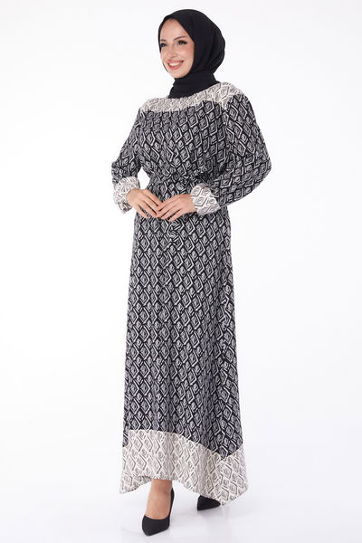 Etnik Desenli Elbise Siyah - 26231 