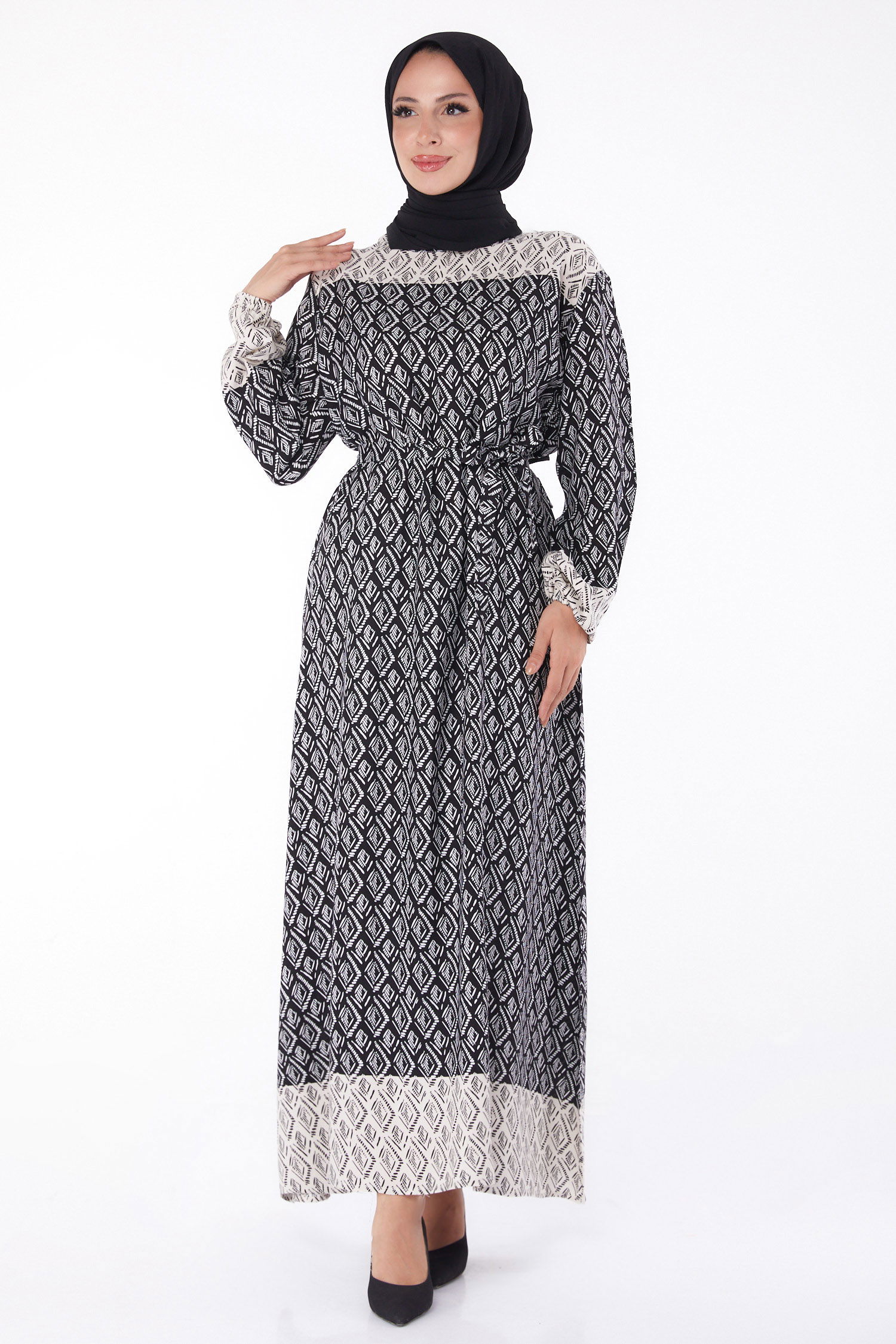 Etnik Desenli Elbise Siyah - 26231 - 2
