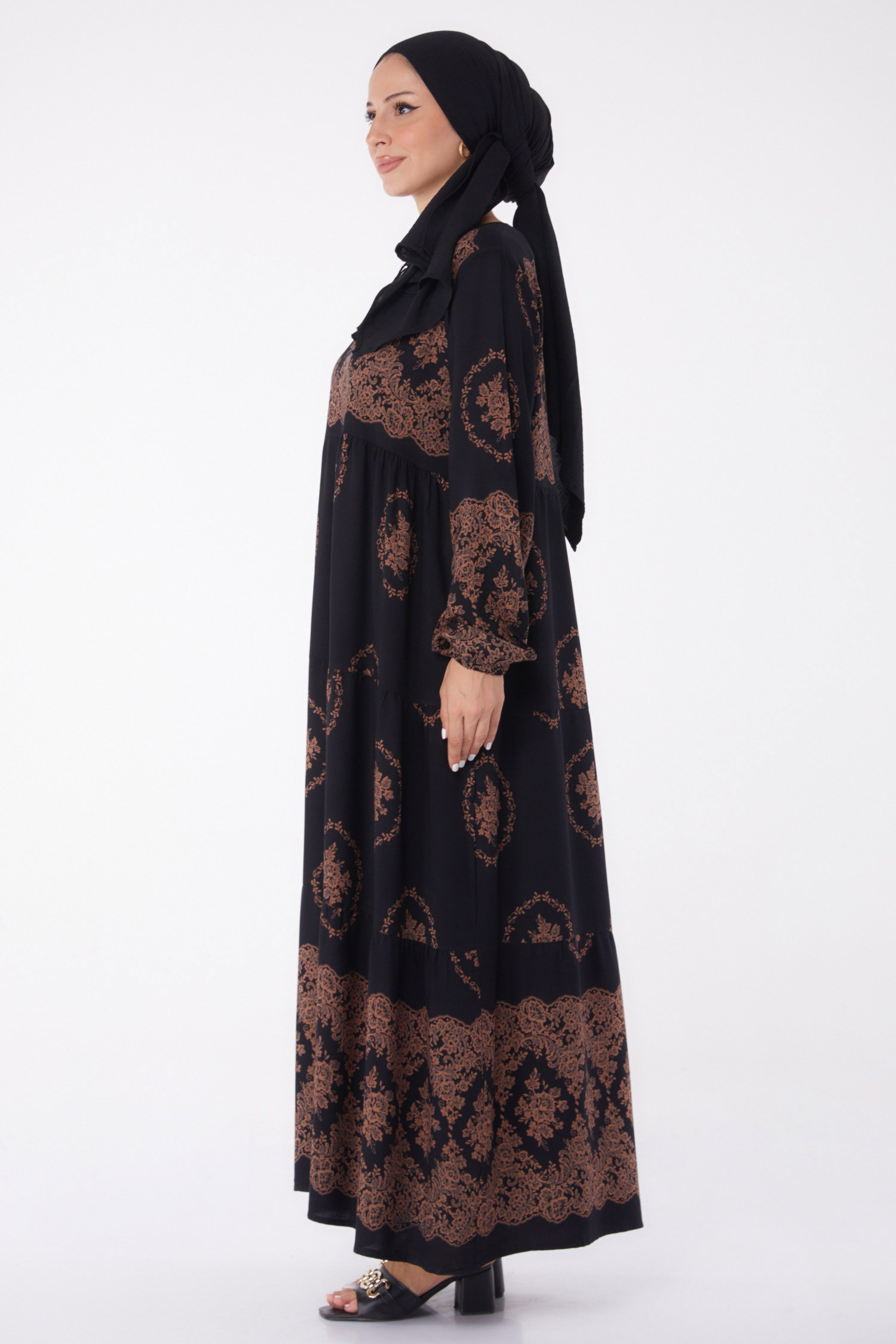 Düz Bisiklet Yaka Kadın Siyah İp Detaylı Desenli Elbise - 26043 - 4