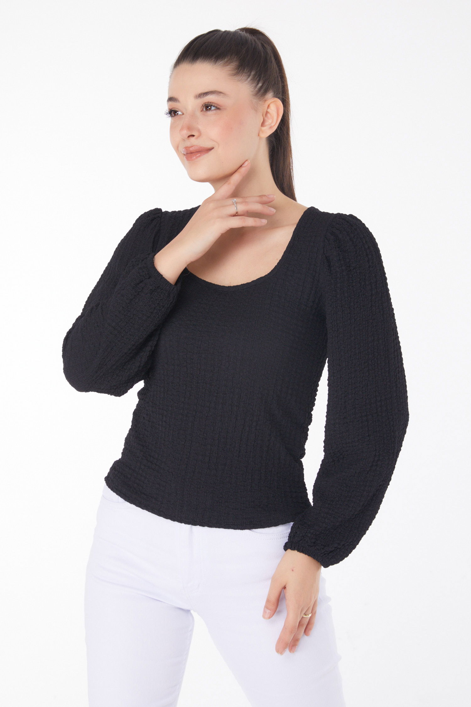 Düz Bisiklet Yaka Kadın Siyah Kare Yaka Bluz - 25859 - 2