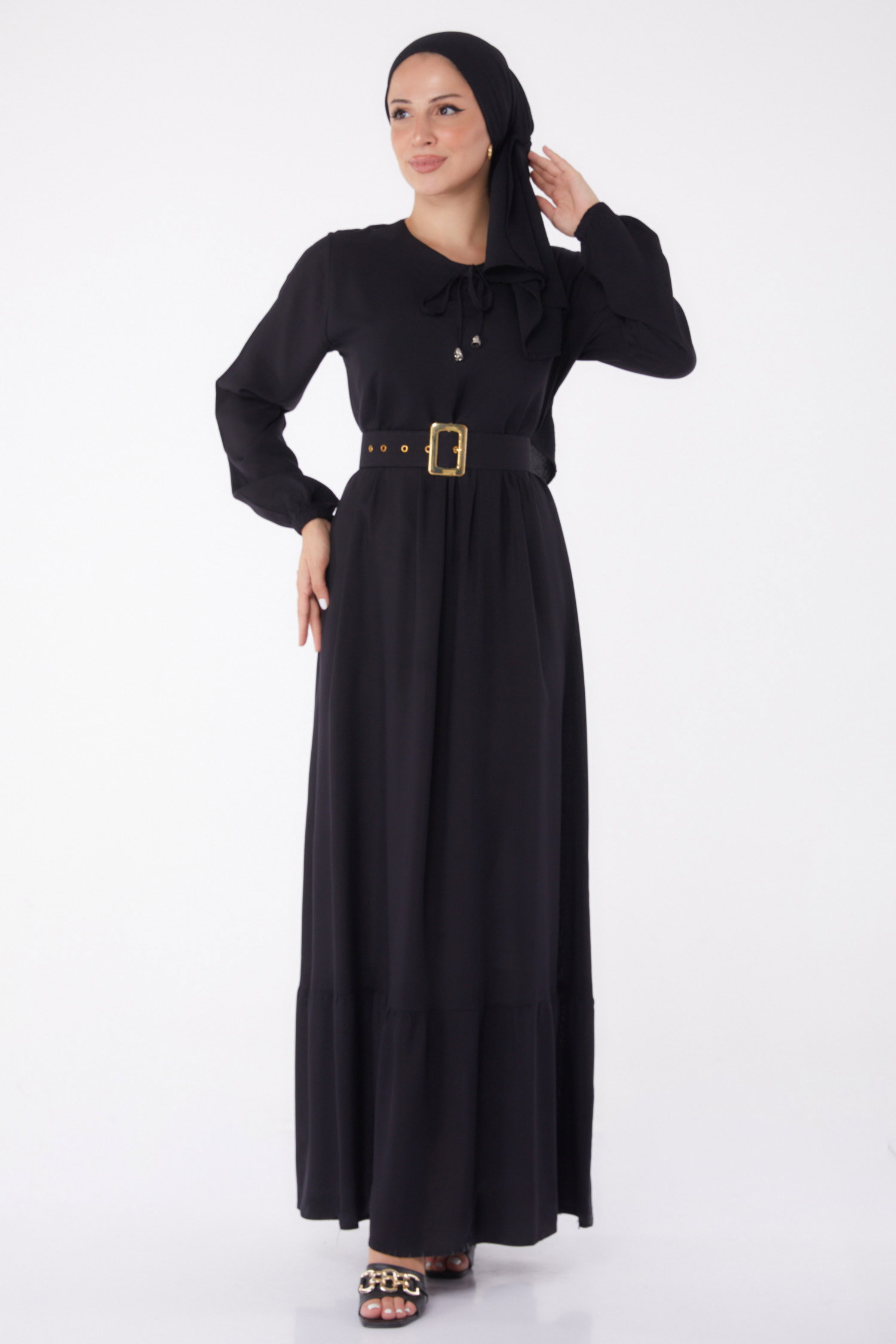 Kemerli Elbise Siyah - 26041 - 1