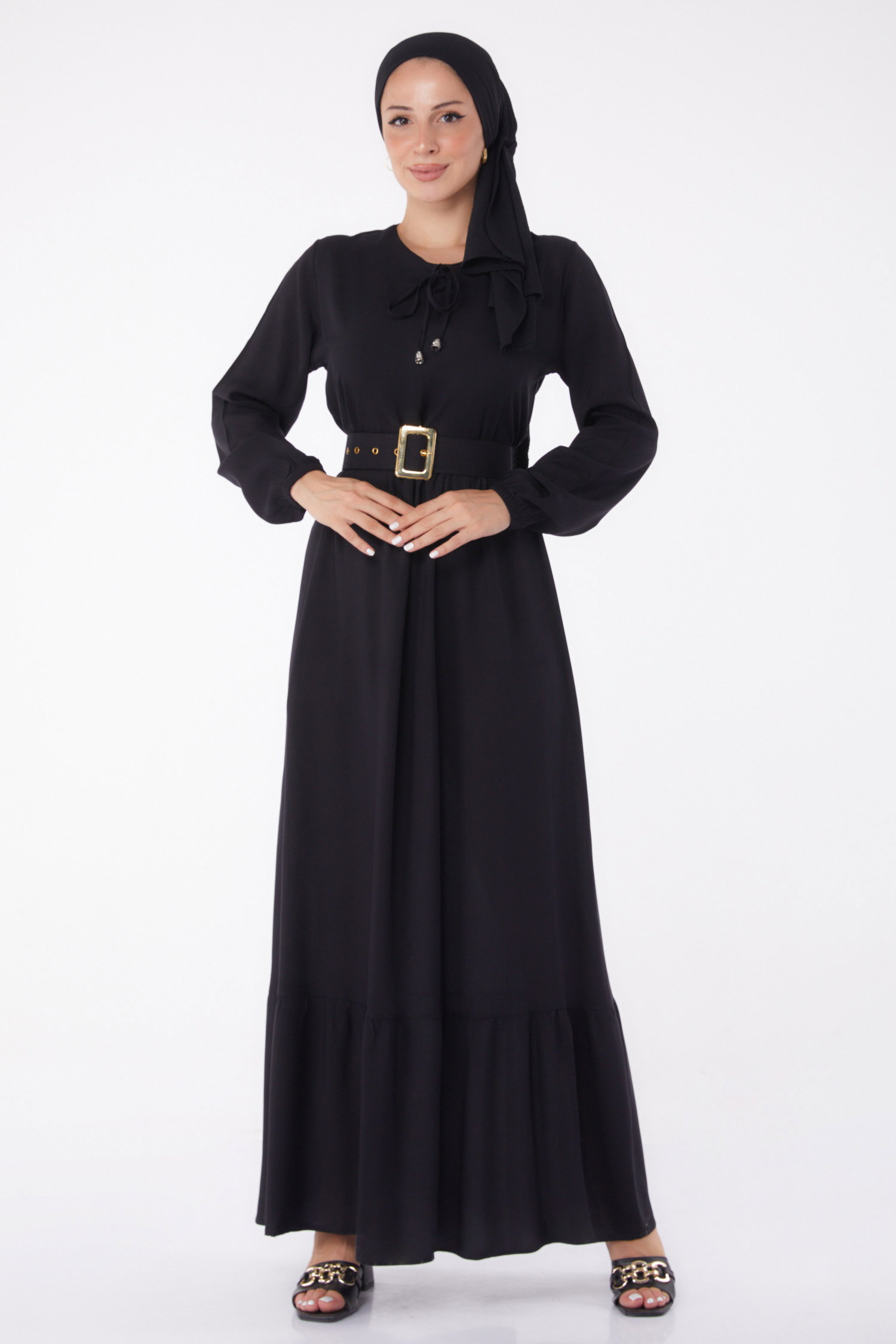 Kemerli Elbise Siyah - 26041 - 2