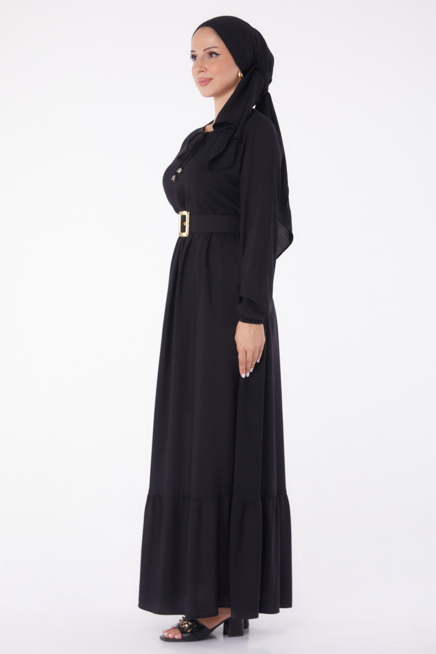 Kemerli Elbise Siyah - 26041 - 4
