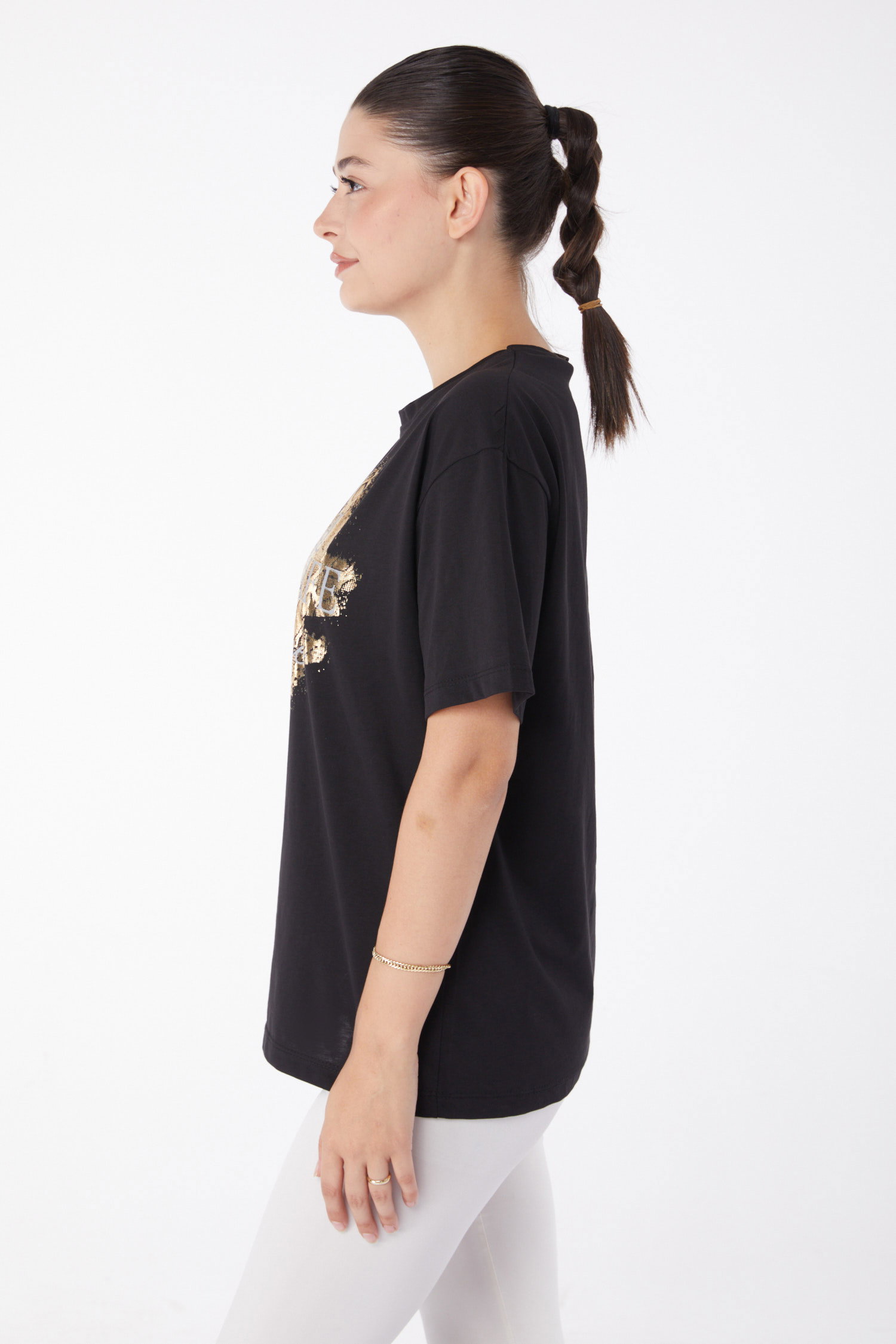Düz Bisiklet Yaka Kadın Siyah Kısa Kollu Baskılı T-shirt - 25980 - 3