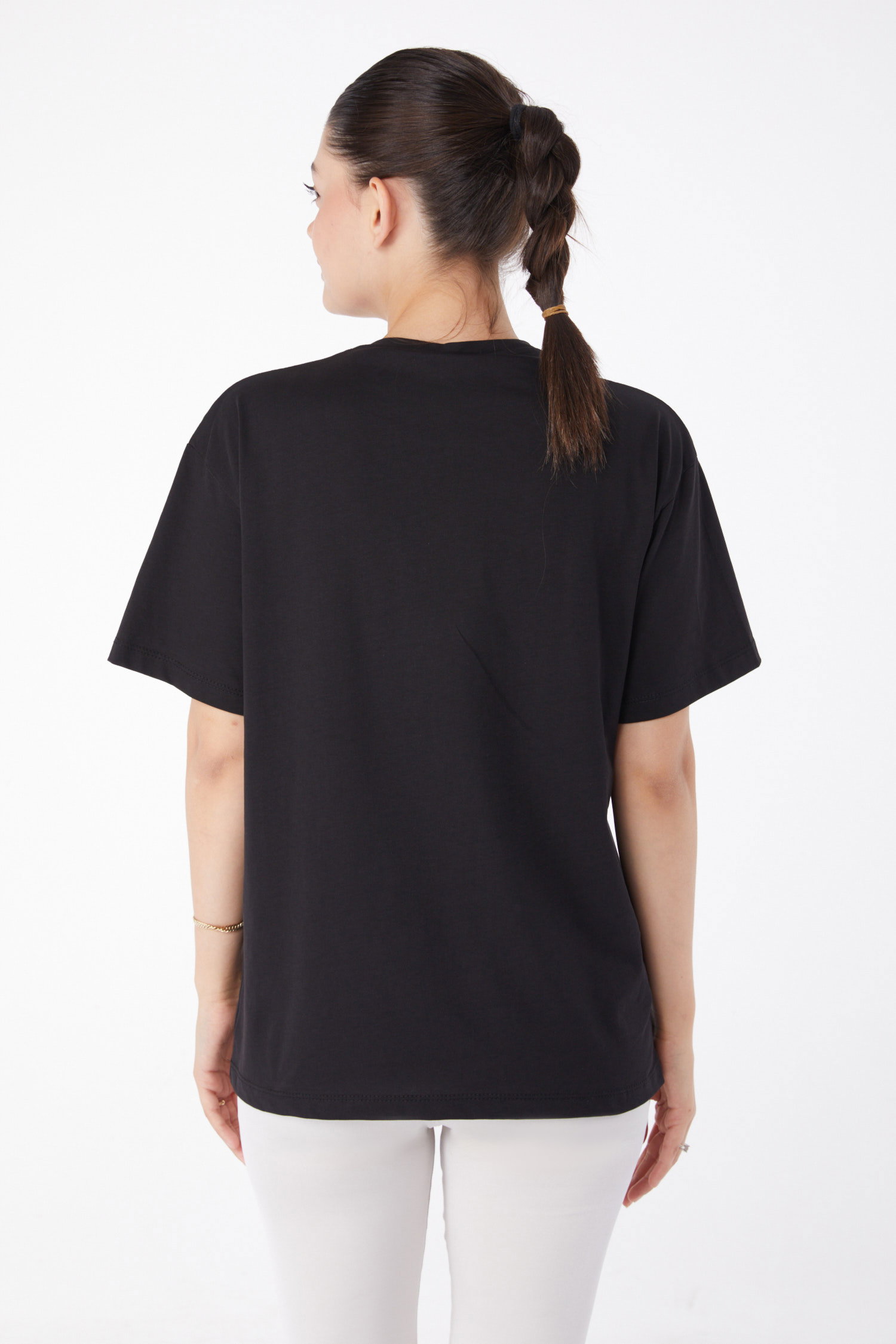 Düz Bisiklet Yaka Kadın Siyah Kısa Kollu Baskılı T-shirt - 25980 - 4