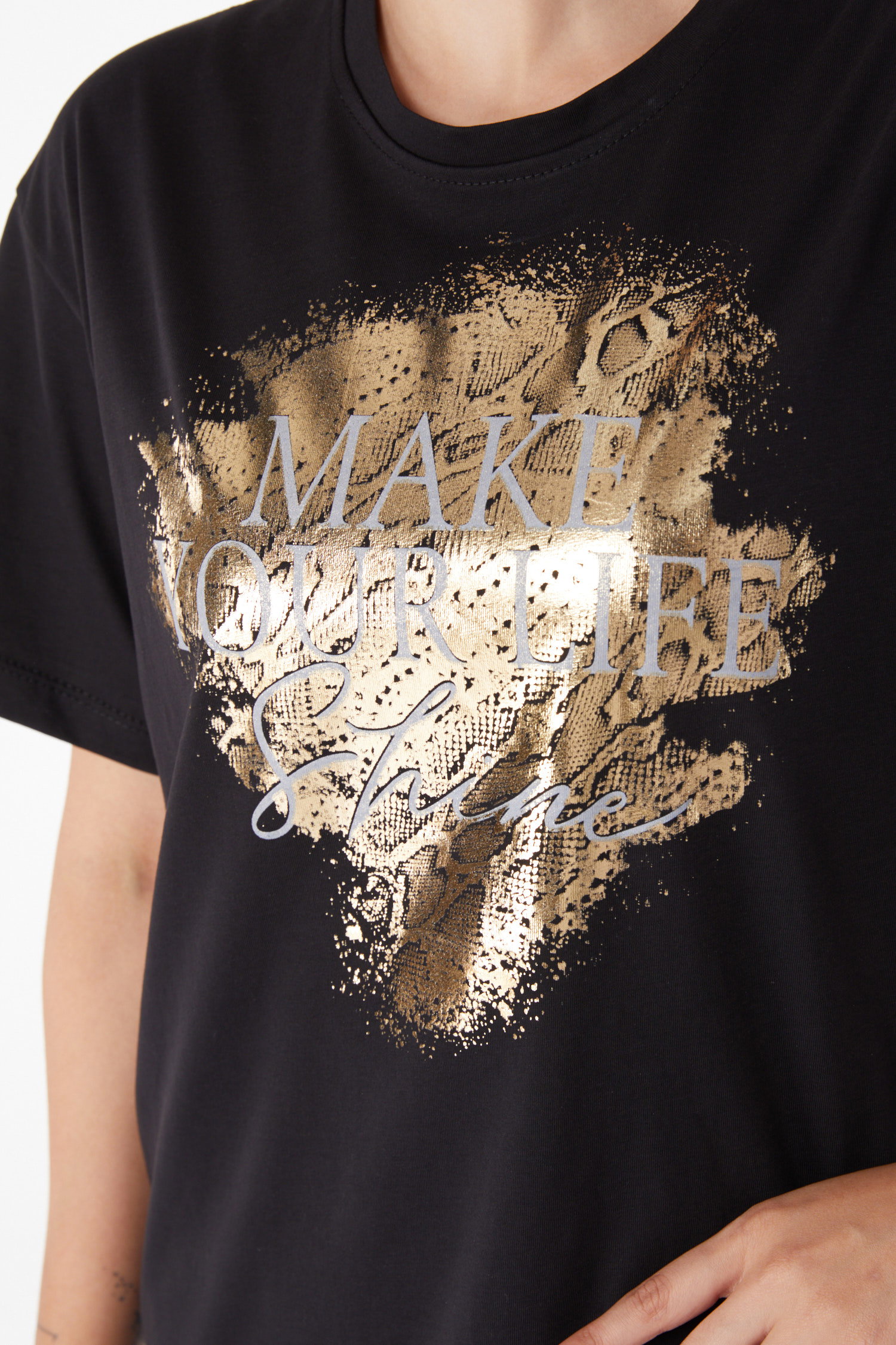 Düz Bisiklet Yaka Kadın Siyah Kısa Kollu Baskılı T-shirt - 25980 - 5
