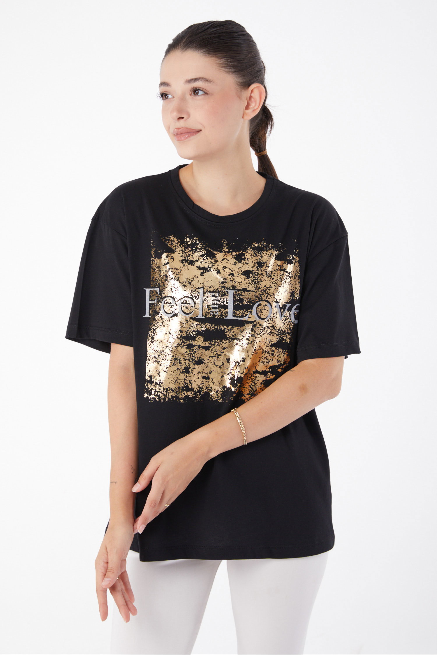 Düz Bisiklet Yaka Kadın Siyah Kısa Kollu Baskılı T-shirt - 25982 - 1