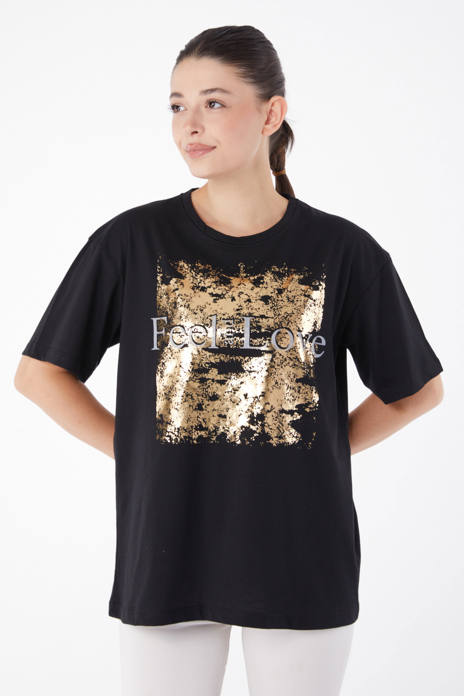 Düz Bisiklet Yaka Kadın Siyah Kısa Kollu Baskılı T-shirt - 25982 - 2