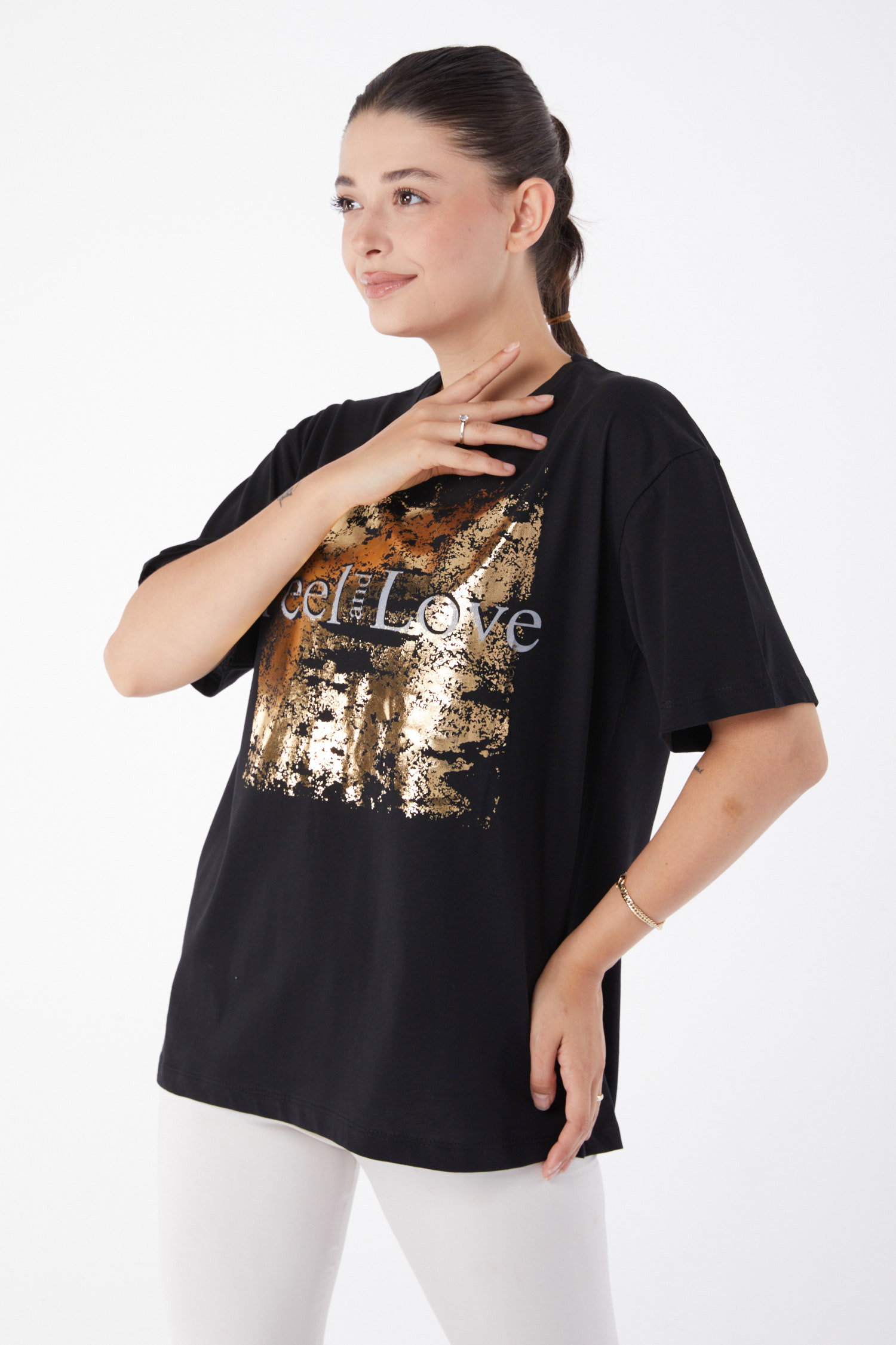 Düz Bisiklet Yaka Kadın Siyah Kısa Kollu Baskılı T-shirt - 25982 - 3