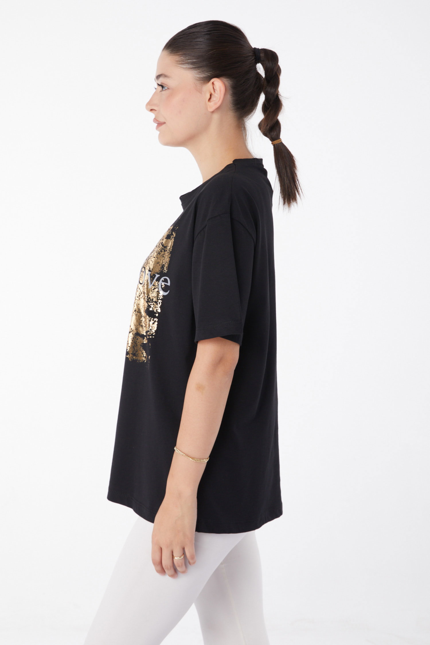 Düz Bisiklet Yaka Kadın Siyah Kısa Kollu Baskılı T-shirt - 25982 - 4