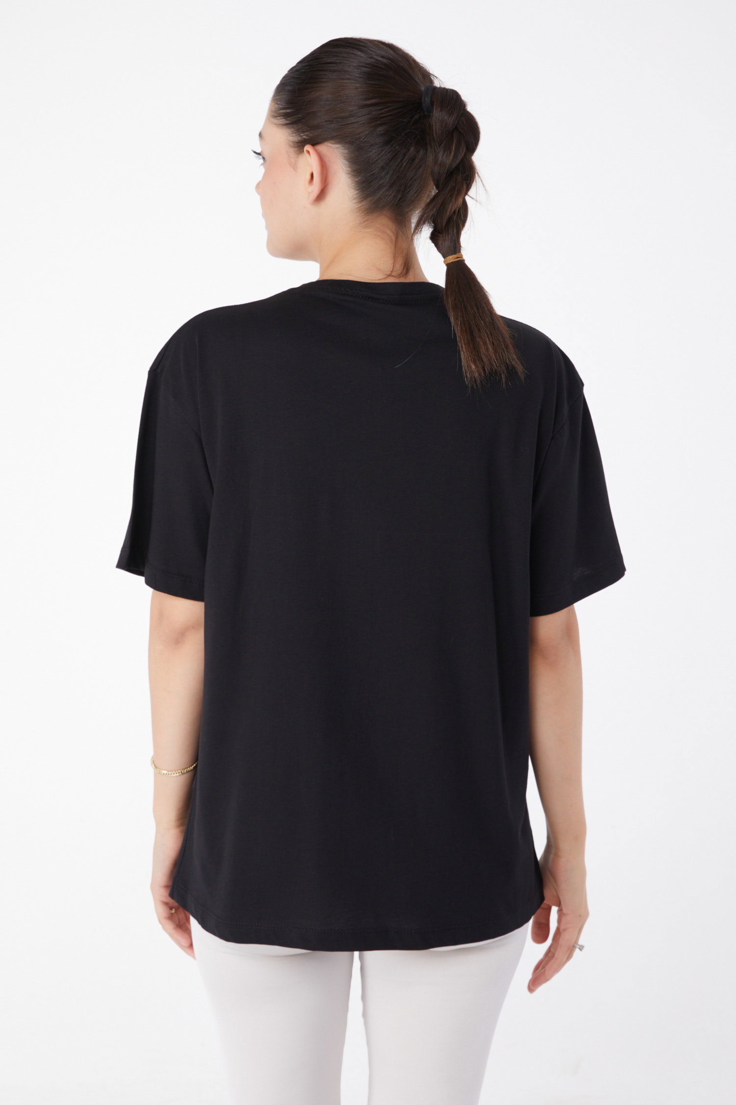 Düz Bisiklet Yaka Kadın Siyah Kısa Kollu Baskılı T-shirt - 25982 - 5