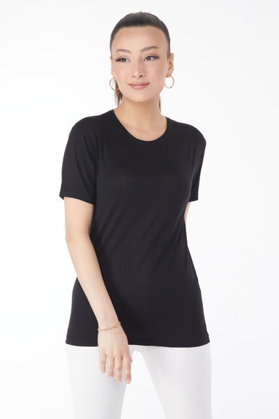 Kısa Kollu Baskısız T-shirt Siyah - 24764 