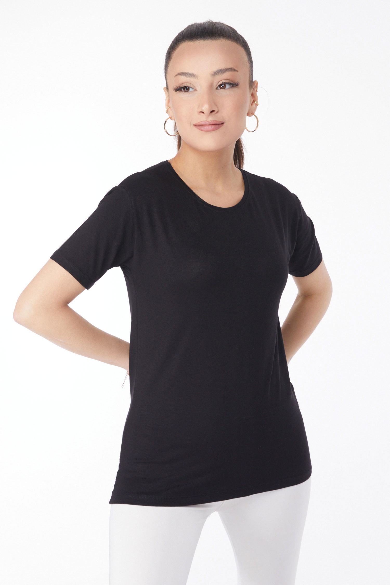 Kısa Kollu Baskısız T-shirt Siyah - 24764 - 3