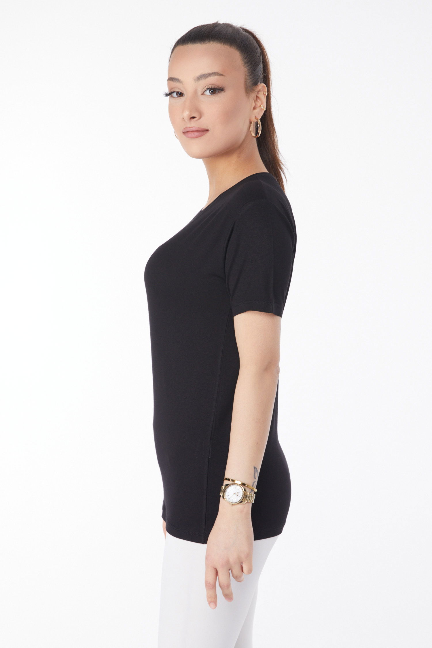 Kısa Kollu Baskısız T-shirt Siyah - 24764 - 4
