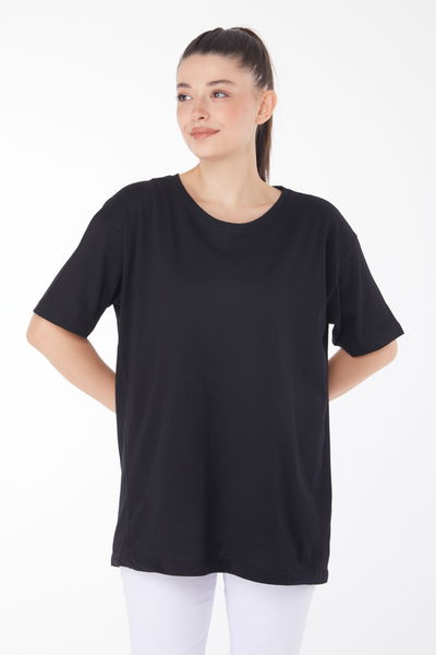 Düz Bisiklet Yaka Kadın Siyah Kısa Kollu T-Shirt - 25398 