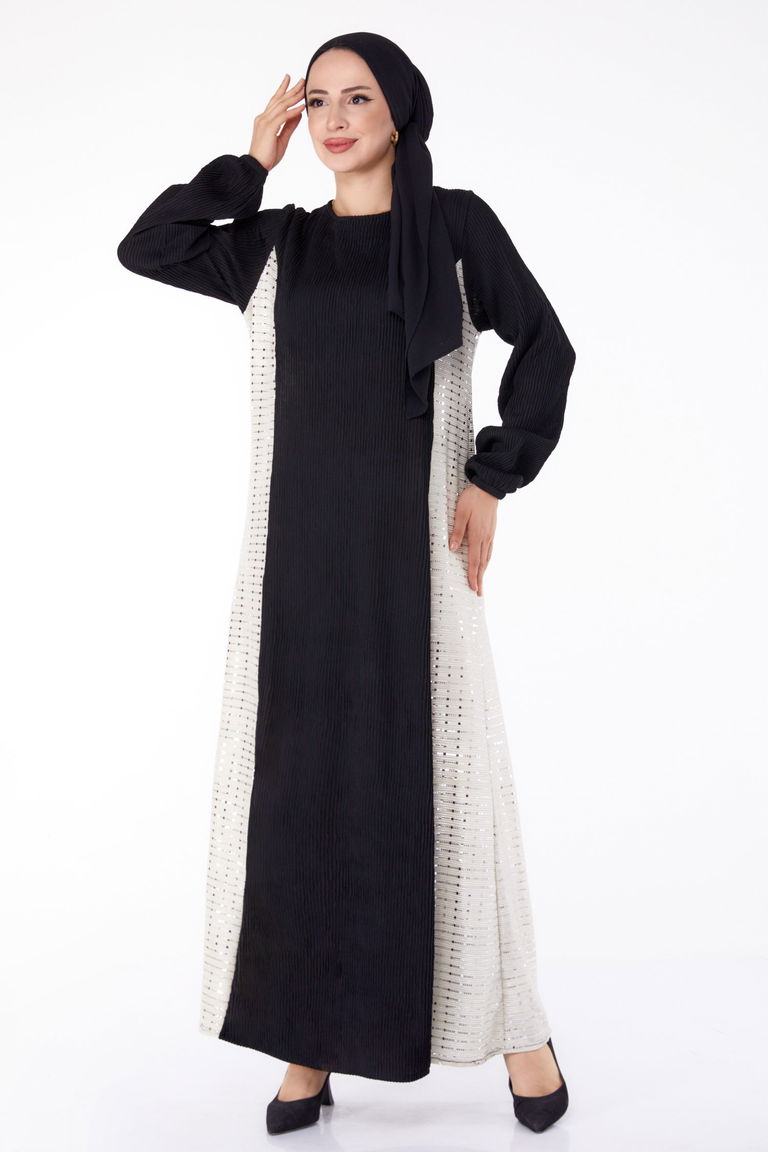Yanı Simli Fitilli Elbise Siyah Krem - 25628 - TOFİSA