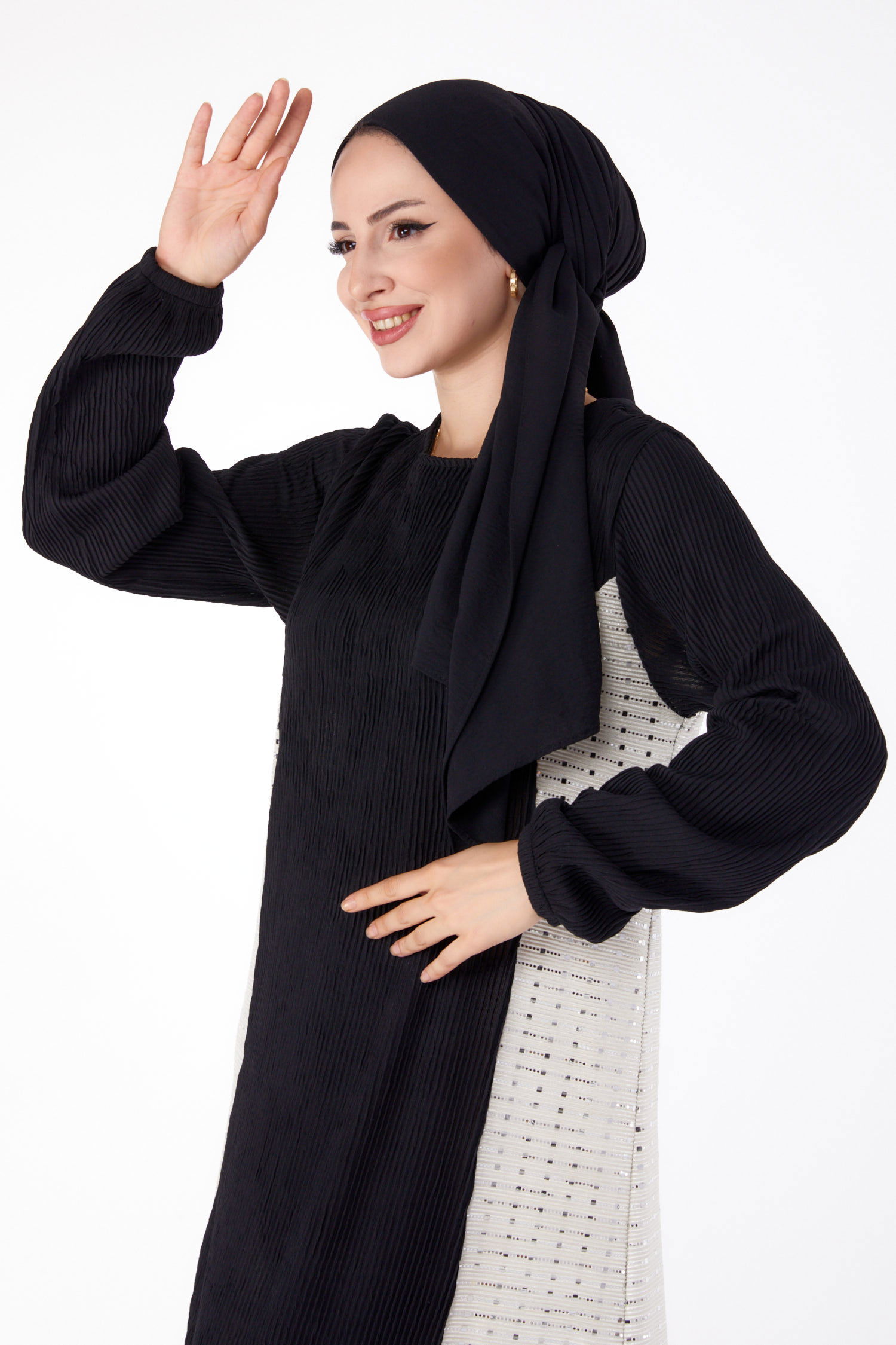 Yanı Simli Fitilli Elbise Siyah Krem - 25628 - 2