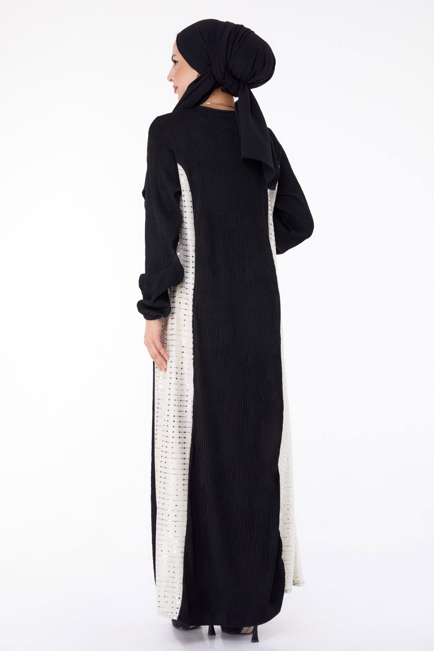 Yanı Simli Fitilli Elbise Siyah Krem - 25628 - 4