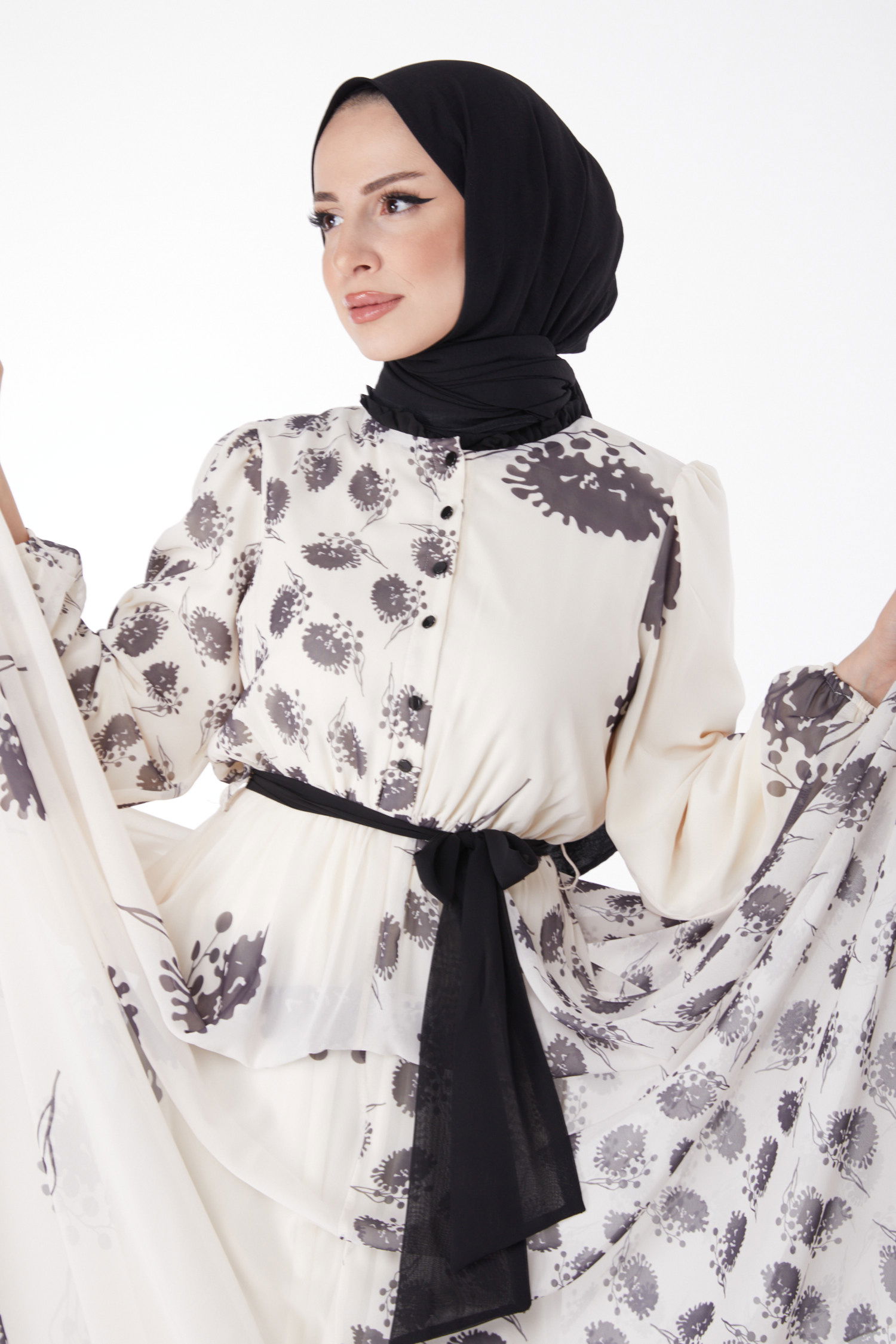 Düz Bisiklet Yaka Kadın Siyah Kuşaklı Abiye Elbise - 25204 - 1