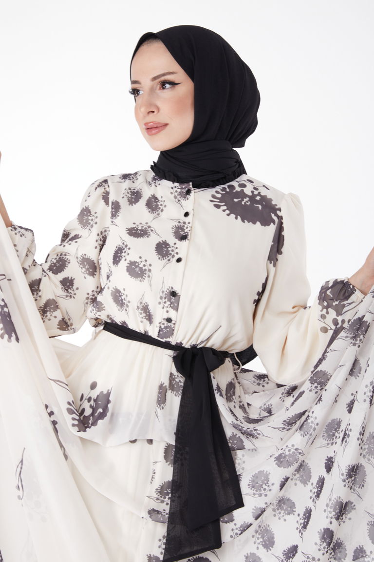 Düz Bisiklet Yaka Kadın Siyah Kuşaklı Abiye Elbise - 25204 - TOFİSA