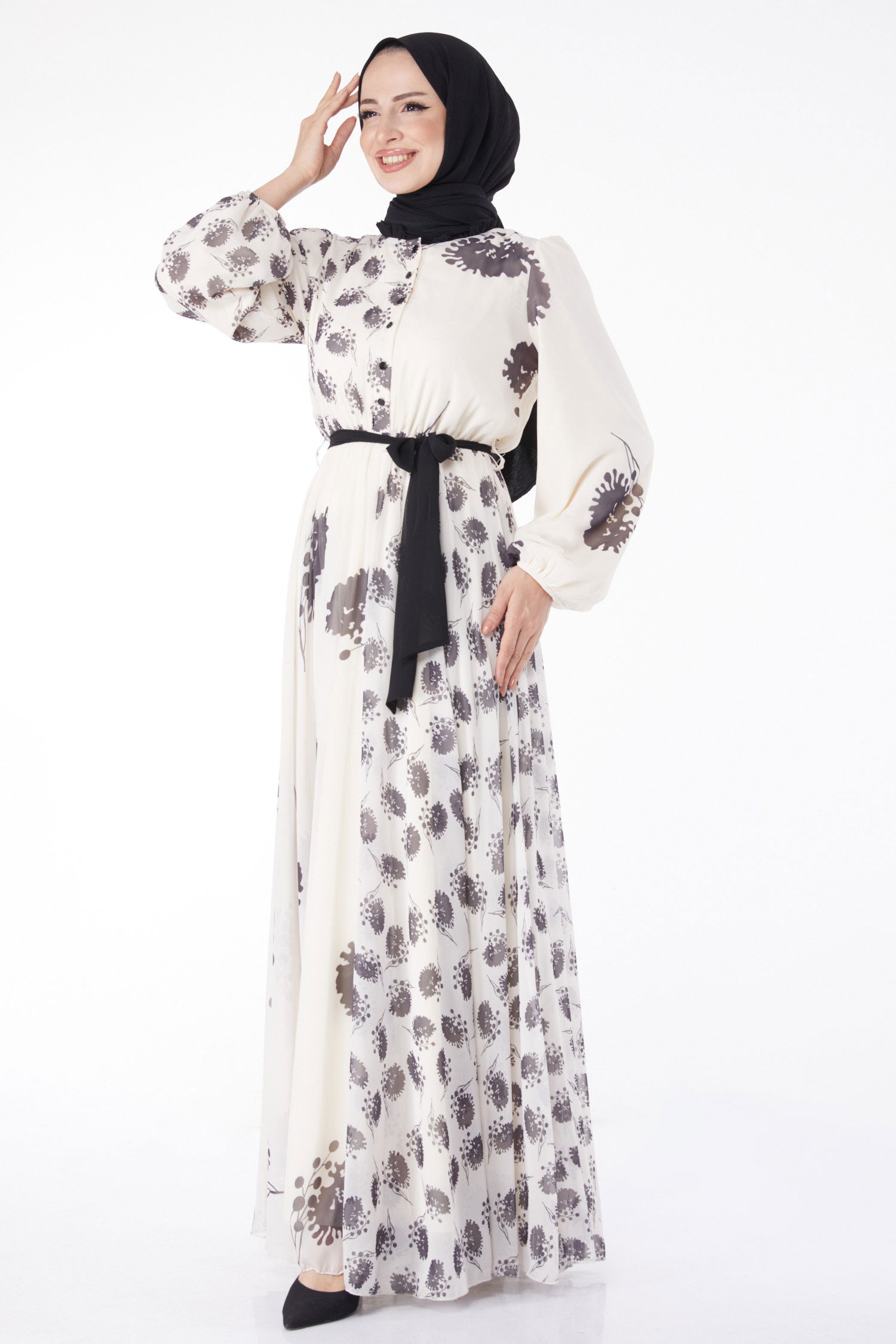 Düz Bisiklet Yaka Kadın Siyah Kuşaklı Abiye Elbise - 25204 - 3