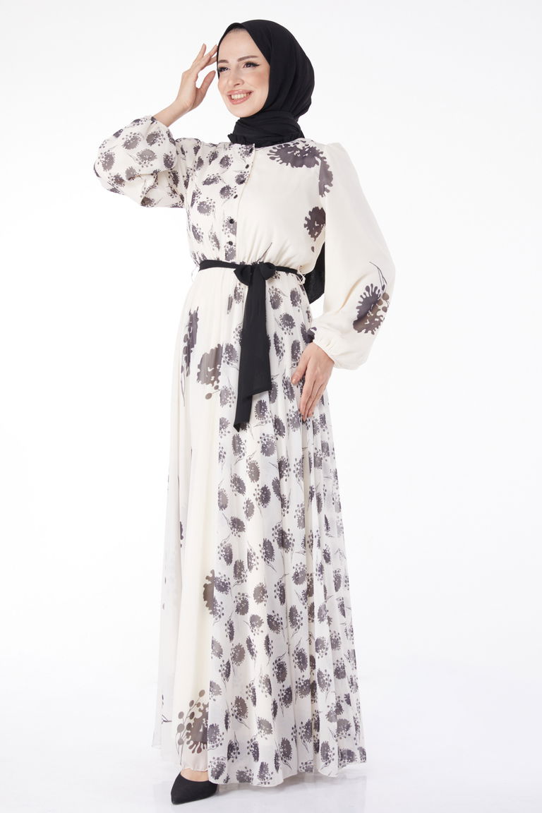 Düz Bisiklet Yaka Kadın Siyah Kuşaklı Abiye Elbise - 25204 - TOFİSA