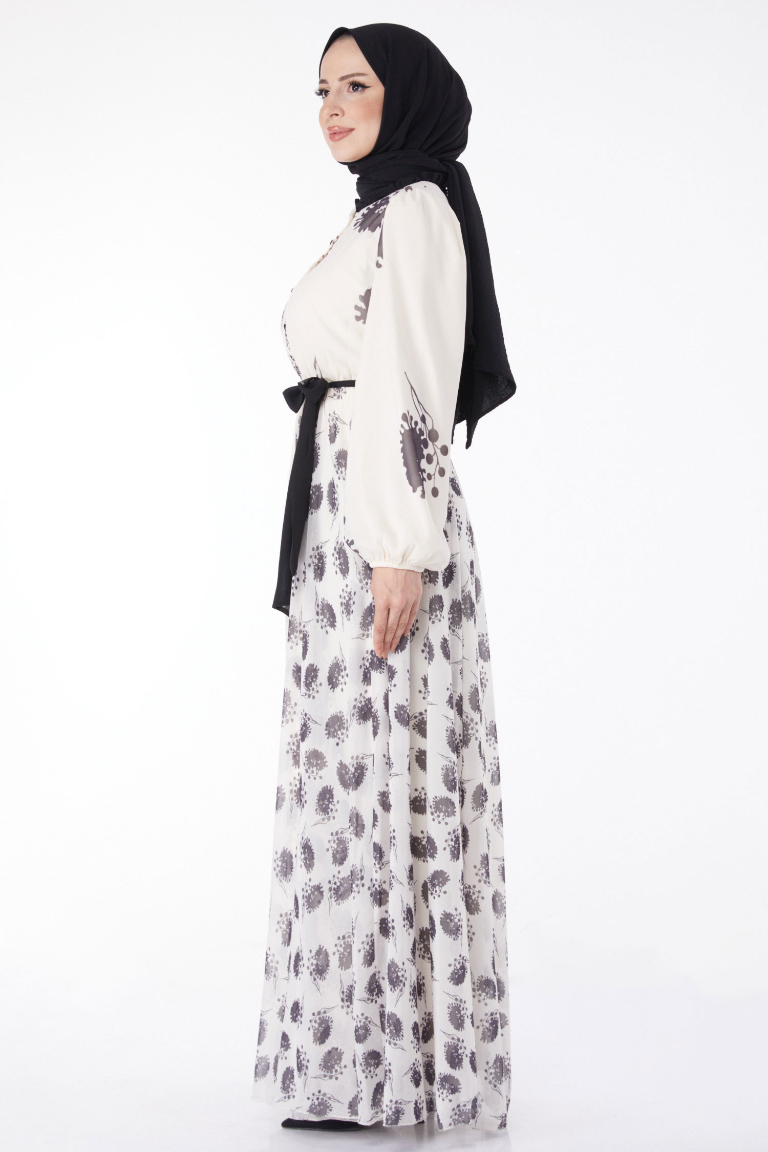 Düz Bisiklet Yaka Kadın Siyah Kuşaklı Abiye Elbise - 25204 - 4