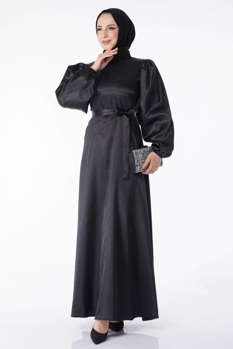 Kuşaklı Elbise Siyah - 13160 - TOFİSA