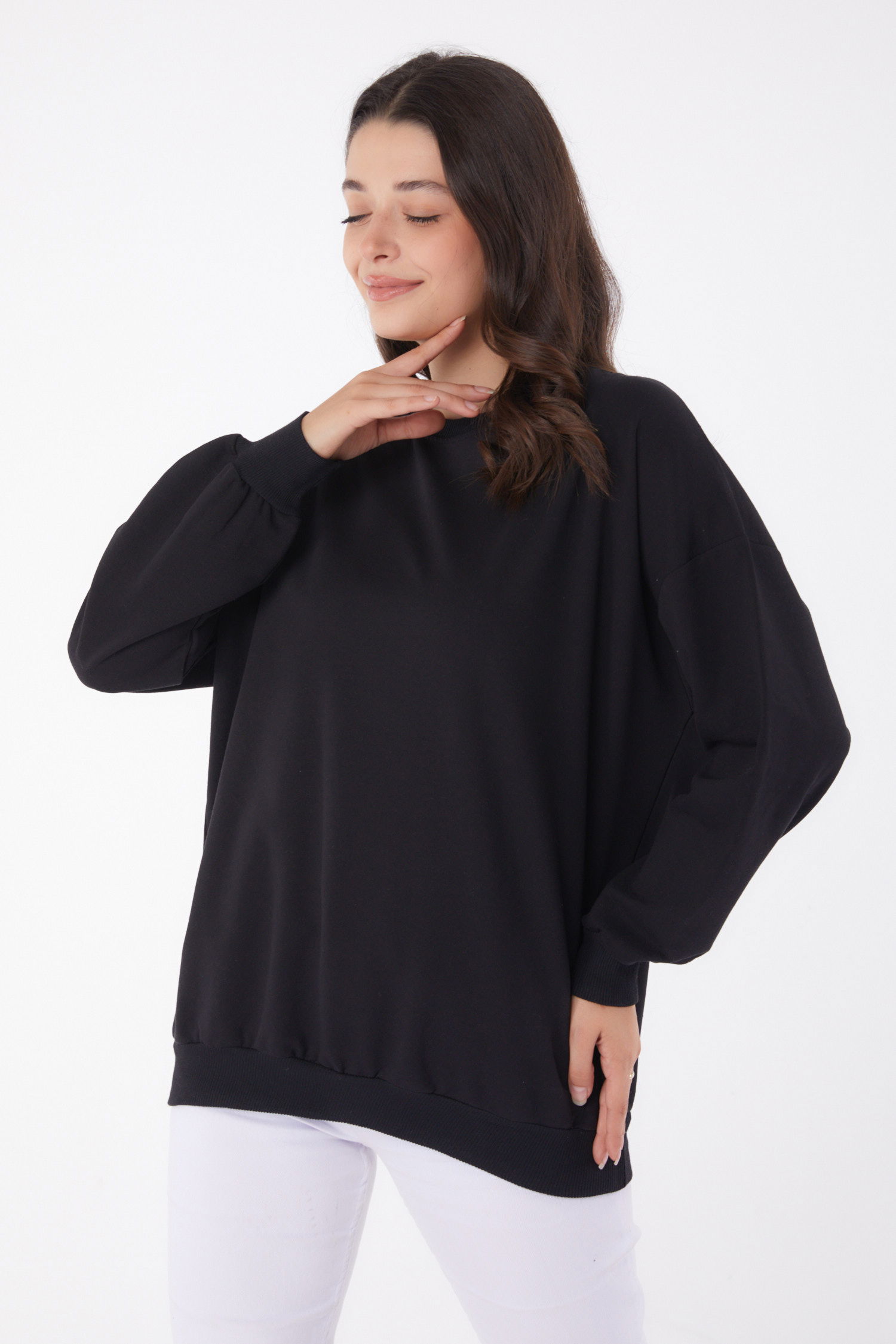 Manşetli Sweatshirt Siyah - 26046 - 3