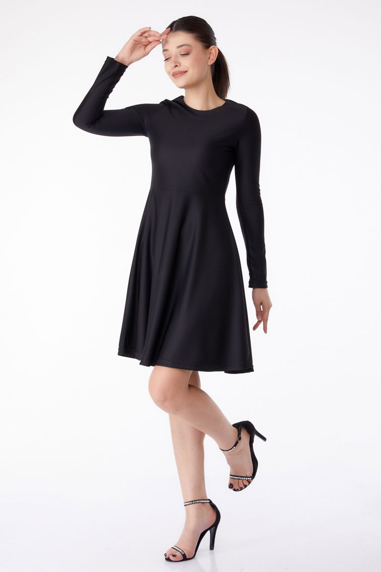 Düz Bisiklet Yaka Kadın Siyah Mini Abiye Elbise - 13191 - TOFİSA