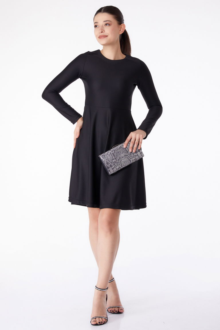 Düz Bisiklet Yaka Kadın Siyah Mini Abiye Elbise - 13191 - TOFİSA