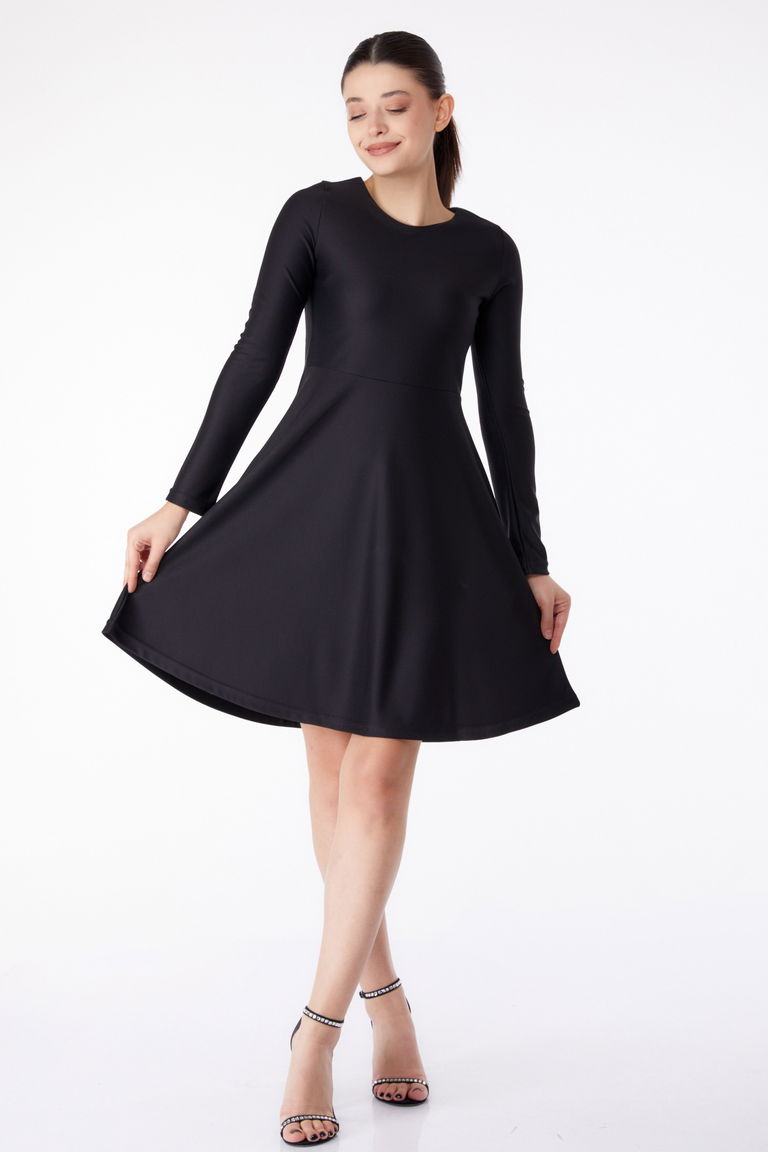 Düz Bisiklet Yaka Kadın Siyah Mini Abiye Elbise - 13191 - TOFİSA