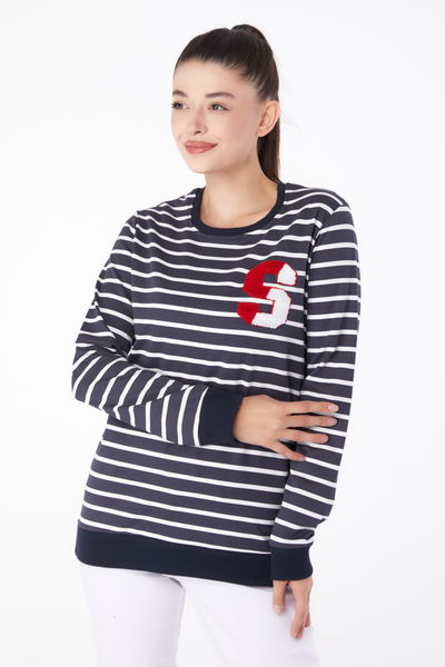 Düz Bisiklet Yaka Kadın Siyah Nakışlı Sweatshirt - 26286 