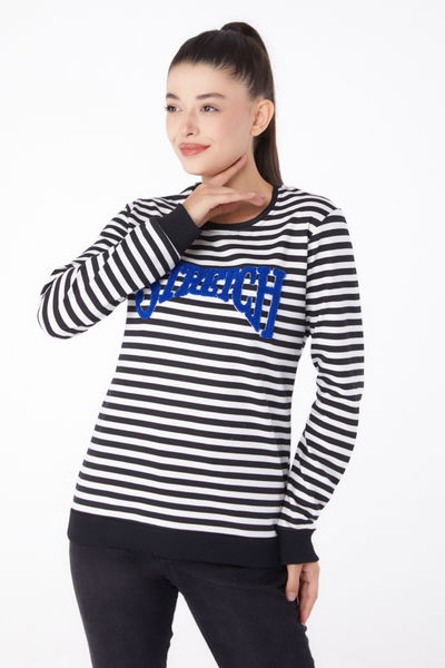 Düz Bisiklet Yaka Kadın Siyah Nakışlı Sweatshirt - 26292 