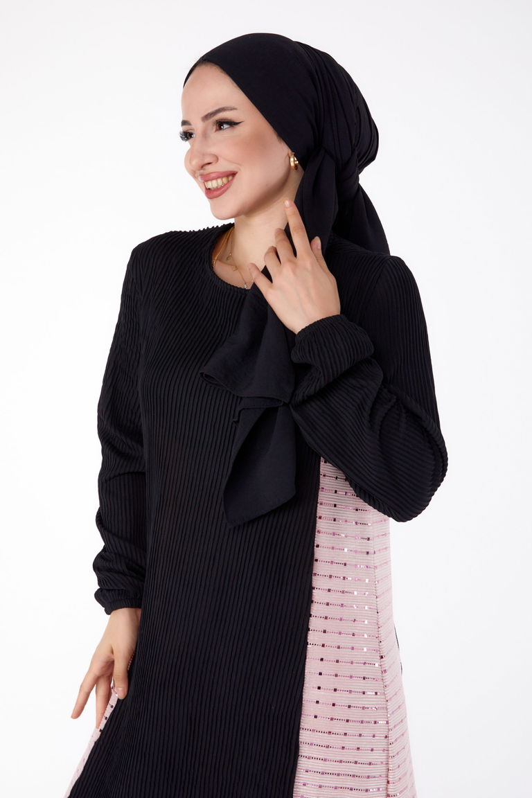 Yanı Simli Fitilli Elbise Siyah Pudra - 25628 - TOFİSA