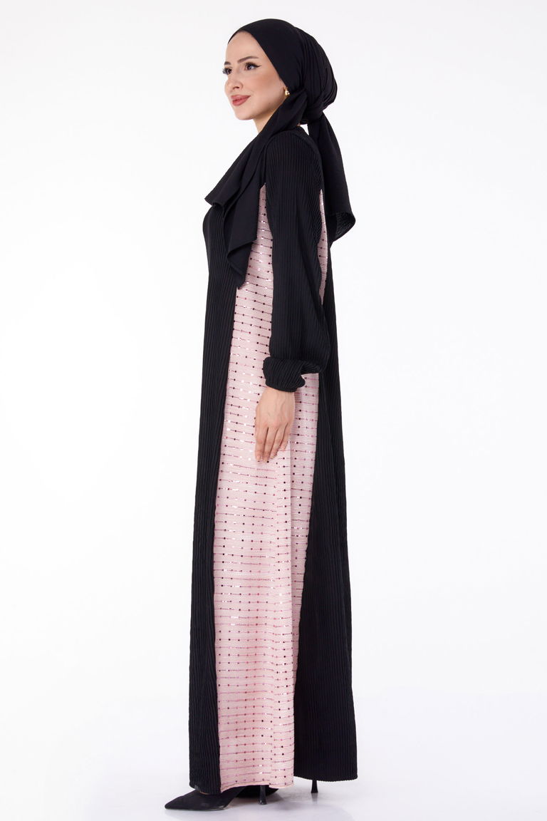Yanı Simli Fitilli Elbise Siyah Pudra - 25628 - TOFİSA