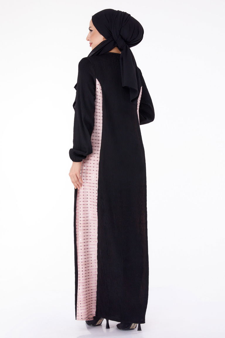 Yanı Simli Fitilli Elbise Siyah Pudra - 25628 - TOFİSA