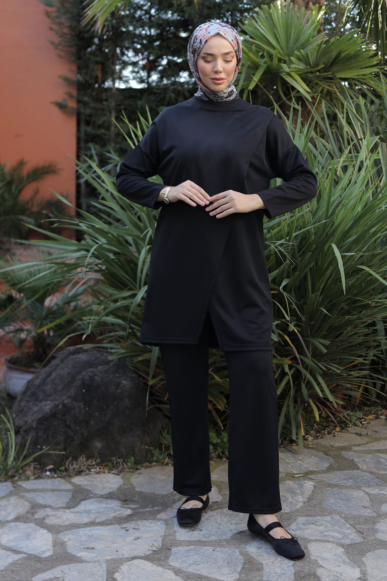 Düz Bisiklet Yaka Kadın Siyah Spor Tunik Pantolon İkili Takım - 13154 - TOFİSA