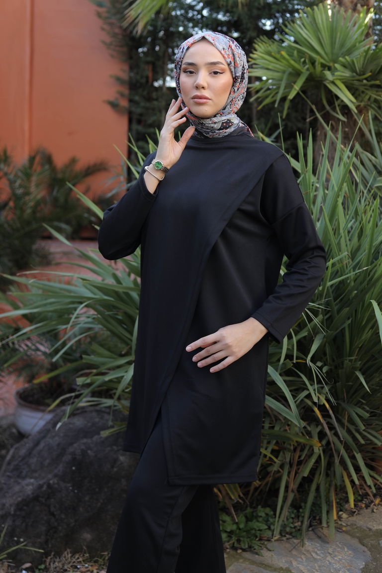 Düz Bisiklet Yaka Kadın Siyah Spor Tunik Pantolon İkili Takım - 13154 - TOFİSA