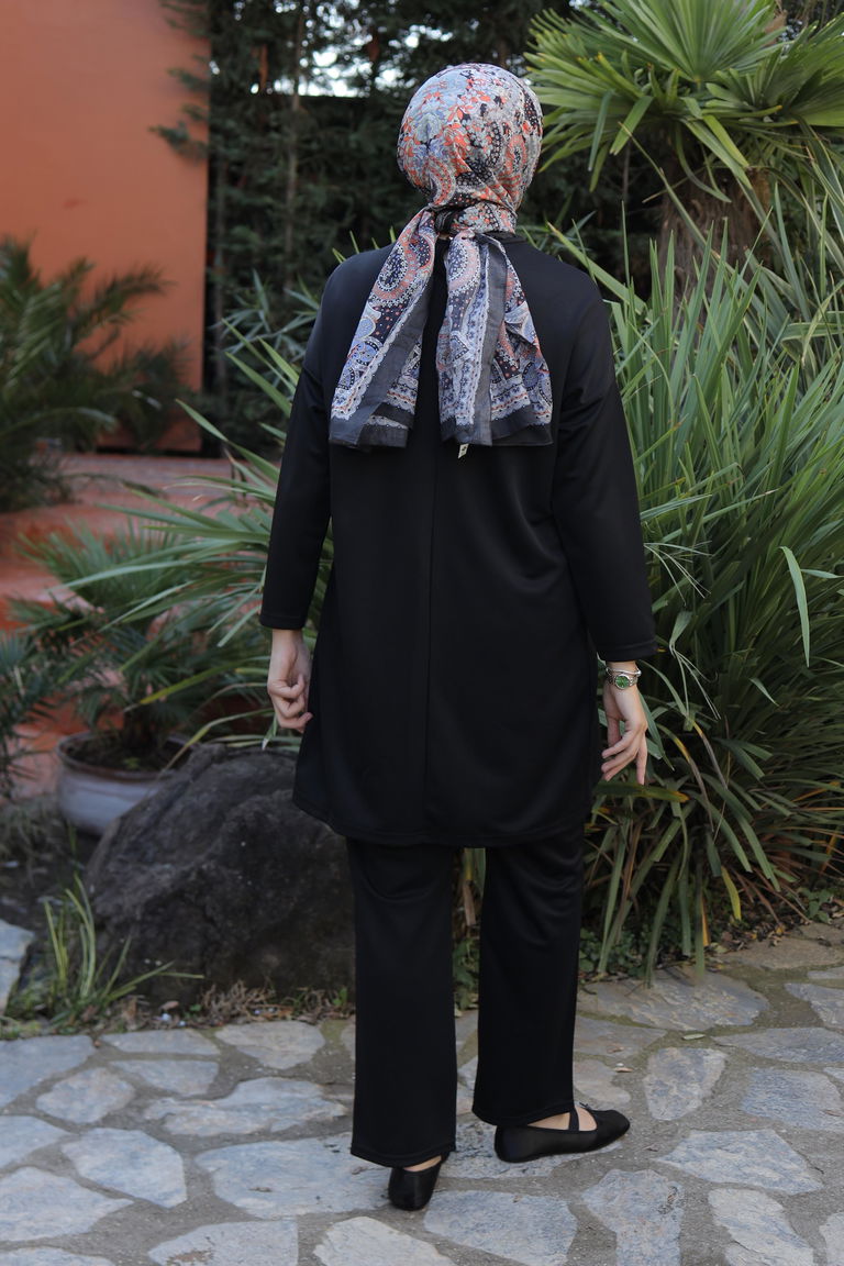 Düz Bisiklet Yaka Kadın Siyah Spor Tunik Pantolon İkili Takım - 13154 - TOFİSA