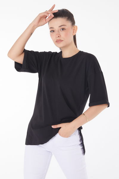 Düz Bisiklet Yaka Kadın Siyah T-Shirt - 25849 