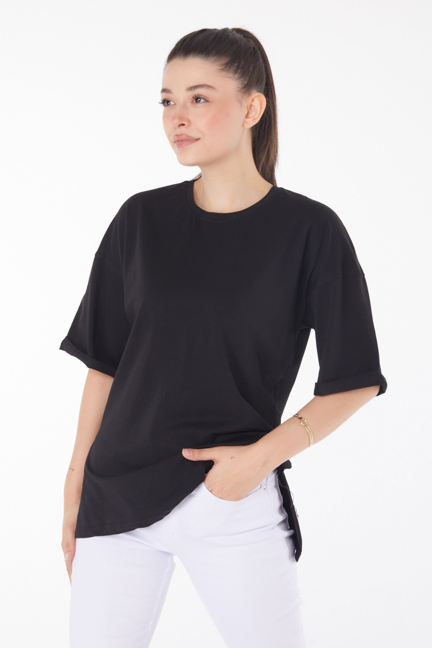 Düz Bisiklet Yaka Kadın Siyah T-Shirt - 25849 - 3