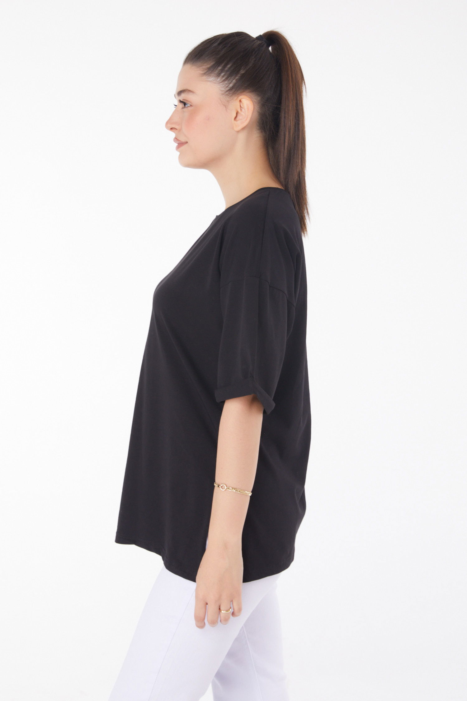 Düz Bisiklet Yaka Kadın Siyah T-Shirt - 25849 - 4